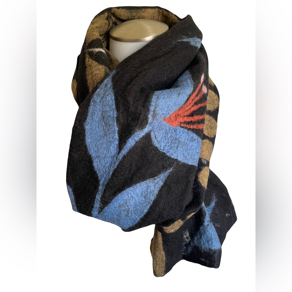 Soft Floral Black, Blue & Tan Nuno Felted Scarf